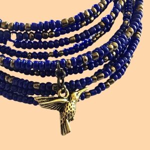 Unique Blue Beaded African Gold Hummingbird Charm Handmade Wrap Bracelet